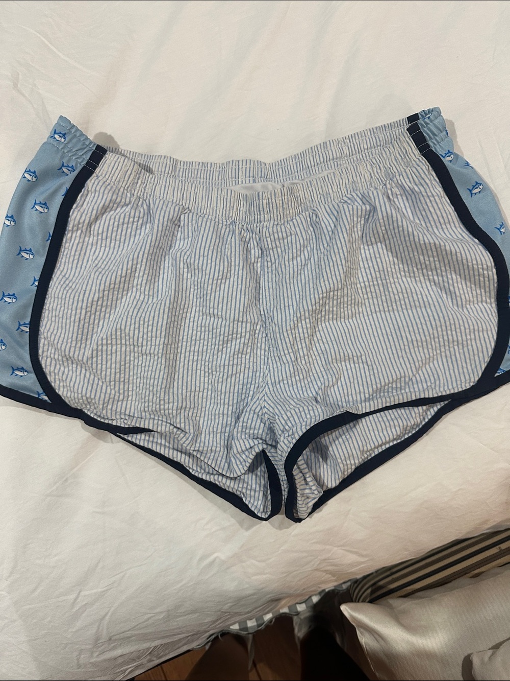 Southern Tide Light Blue Striped Athletic Shorts with Navy Trim
